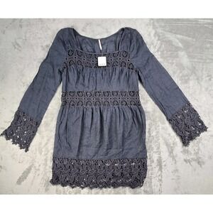 Free People Embroidered Lace Linen Blend Dress Medium Black Long Sleeve NWT